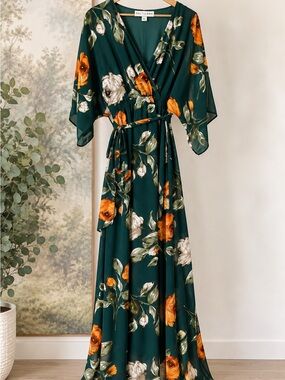 Baltic Born Emerald Green Floral Maxi Dress with Orange & Cream Blooms